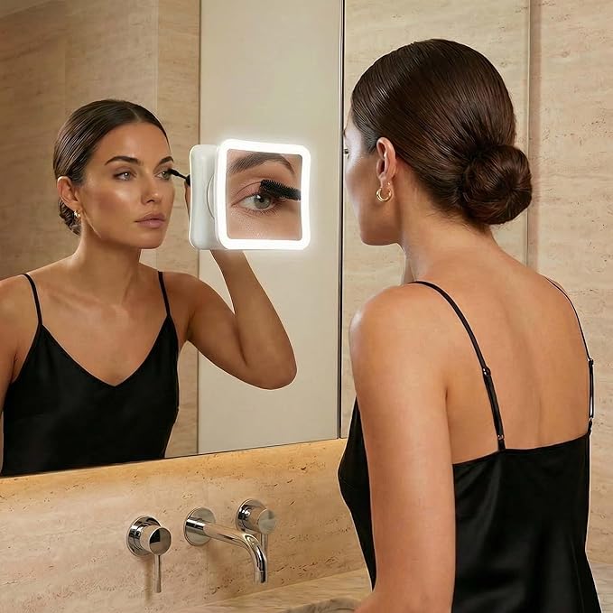 Fancii 20x Magnifying Makeup Mirror with LED Lights, Rechargeable, High Zoom | 7-inch Large Lighted Travel Mirror for Vanity and Bathroom, Dimmable, 3 Light Settings, Strong Suction, 360° Rotation
