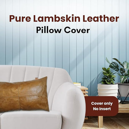 100% Lambskin Leather Pillow Cover - Sofa Cushion Case - Decorative Throw Covers for Living Room & Bedroom, 10x18 Inch - Gold Crunch Plain Pack of 2