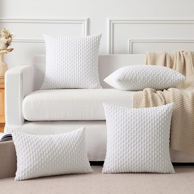 Kevin Textile Pack of 2 Velvet Pillow Covers Striped Throw Cushion Case Set Accent Corduroy Lumbar Pillowcases with Hidden Zipper for Home Decor Indoor Outdoor (12x20 Inch Pure White)