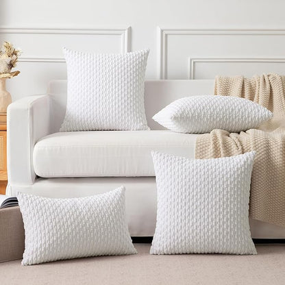 Kevin Textile Pack of 2 Velvet Pillow Covers Striped Throw Cushion Case Set Accent Corduroy Lumbar Pillowcases with Hidden Zipper for Home Decor Indoor Outdoor (12x20 Inch Pure White)