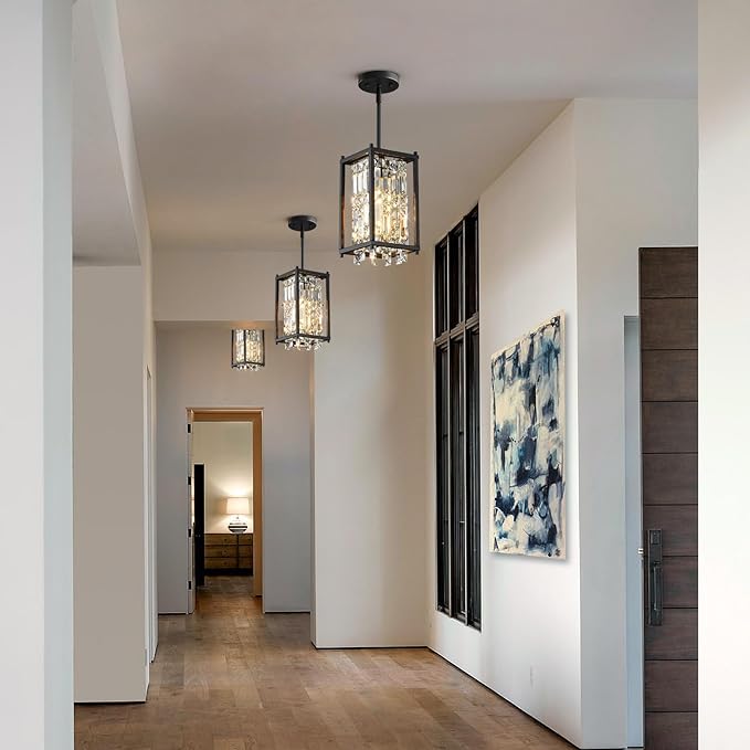 LMQNINE Modern Black Pendant Light Fixtures for Kitchen Island, Crystal Chandelier Lights Fixture, Adjustable Farmhouse Pendant Lighting for Dining Room Bedroom (Square 1-Light)