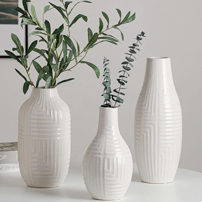 hjn Hand-Glazed White Ceramic Vase - 9.4" H Modern Decorative Centerpiece Vase for Fresh/Dried Flowers, Home Decor for Living Room Bookshelf Mantel | Wedding Housewarming Gift