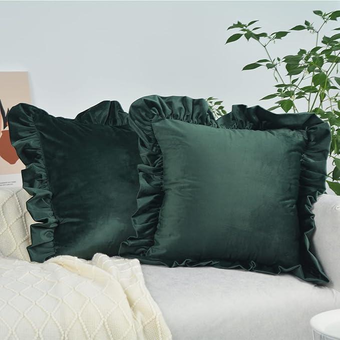 Velvet Ruffle Throw Pillow Covers Couch, Set of 2 Decorative Pillowcases with Ruffles 18x18 Inch Solid Color Shabby Chic Farmhouse Cushion Cover for Living Room Sofa Bed, Dark Green