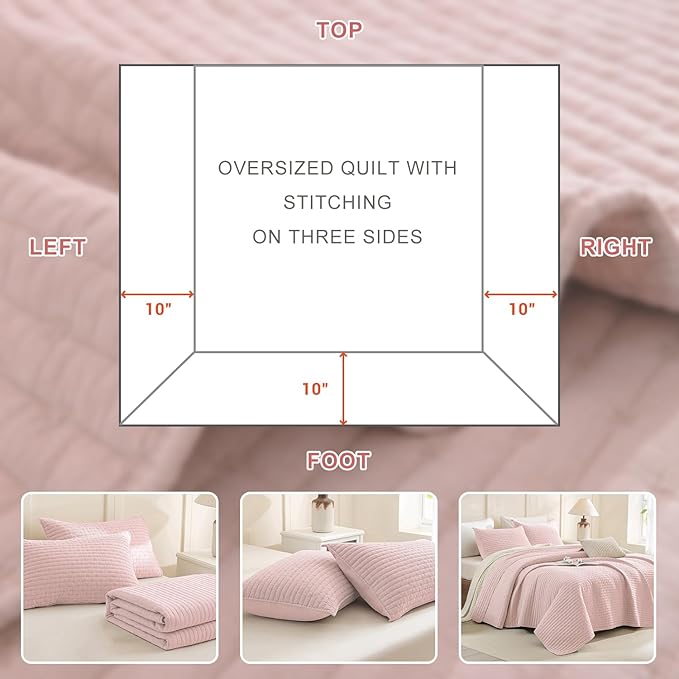 Sanracie Stonewashed Cotton Coverlet Oversized King(120"x120"), Light Pink Cross Stitch Pattern California King Quilt Sets 3Pcs Ultra Soft Lightweight Crinkle Bed Coverlet Set for All Season