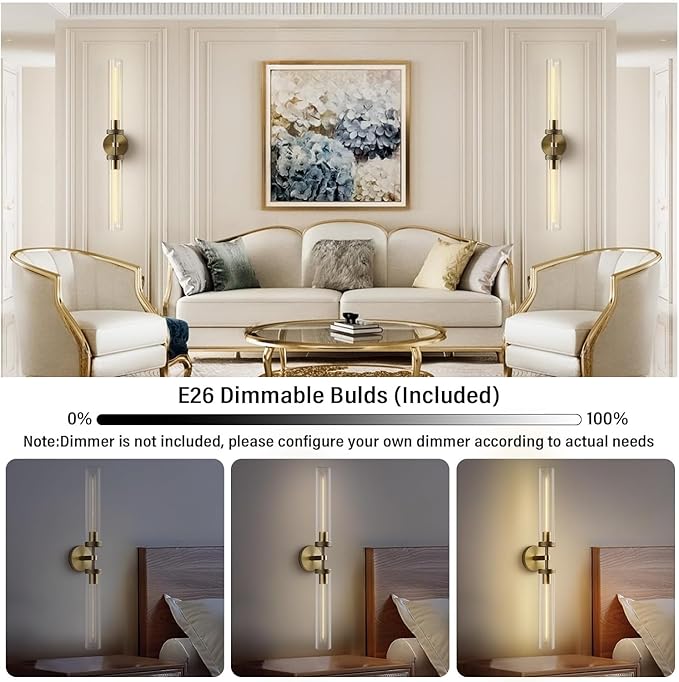 Brass Wall Sconces Set of 2, Bathroom Sconces Wall Lighting, Gold Sconces Wall Lighting with Clear Glass Wall Lamp,Wall Mount Lamps Wall Lights for Vanity Light Bedroom Living Room Hallway