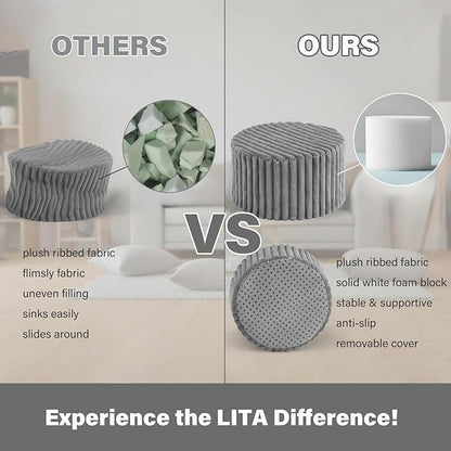 LITA Round Stuffed Pouf Ottoman, Corduroy Poufs with High-Density Foam Filling and Washable Cover, Furry and Fluffy Bean Bag Foot Stools Ottoman for Living Room, Bedroom, Office, Grey, Round