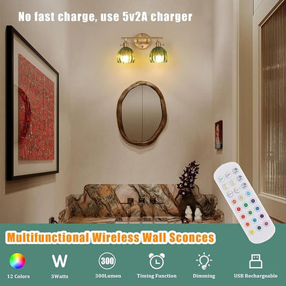 Battery Operated Bathroom Light Fixtures, 2-Light Brass Vanity Wall Light with 5000mAh Rechargeable Bulb Over Mirror with Green Tulip Glass Shade for Bedroom Living Room