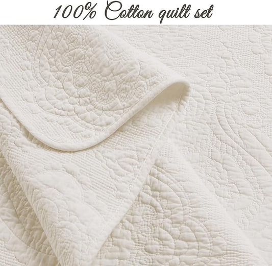 Cozy Line Home Fashions Pure Cotton Bedding Quilt Set (Medallion-Ivory, King - 3 Piece)