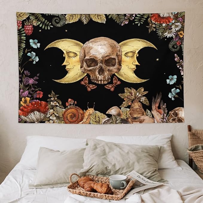 Boho Moon Skull Tapestry,Vintage Sun Moon Hippie Mushroom Floral Plant Tapestries Wall Hanging for Dorm Living Room Bedroom Decor(40"x60")