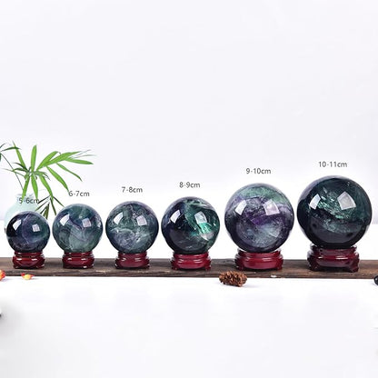 JIC Gem Large Crystal Sphere with Stand Colorful Fluorite Crystal Ball Gemstone Decorative Ball for Home Decor Altar Reiki Healing Gift 90-100mm
