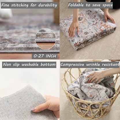 Washable Area Rug 5x7 for Living Room Retro Boho Chic Medallion Distressed Design Indoor Non-Slip Large Oriental Accent Throw Rug for Kitchen Bedroom Office Carpet