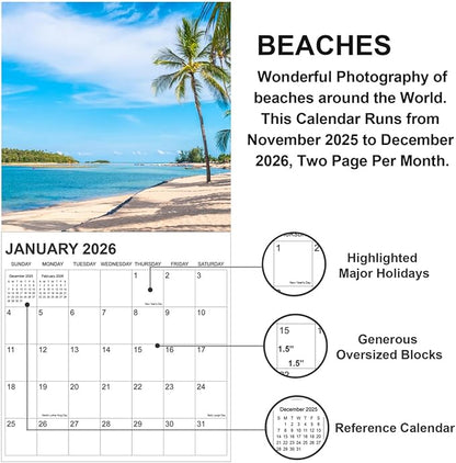 2026 Calendar for Wall, Calendar 2026 from January 2026 - December 2026, 12" x 24" Opened 12 Months Calendar, Full Page Months Thick & Sturdy Paper for Gift Perfect, Beaches