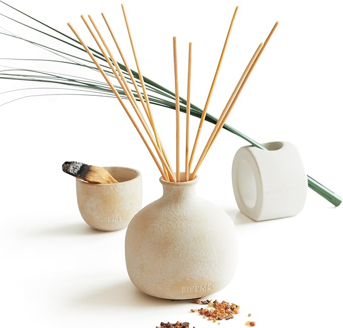 BLUEME Spiritual-Palo Santo & Vetiver, 5.92 Fl Oz Wellness Diffuser, Contains Essential Oil, Sustainable, Hand Finished, Premium, Luxury Ceramic, Natural Rattan Reeds