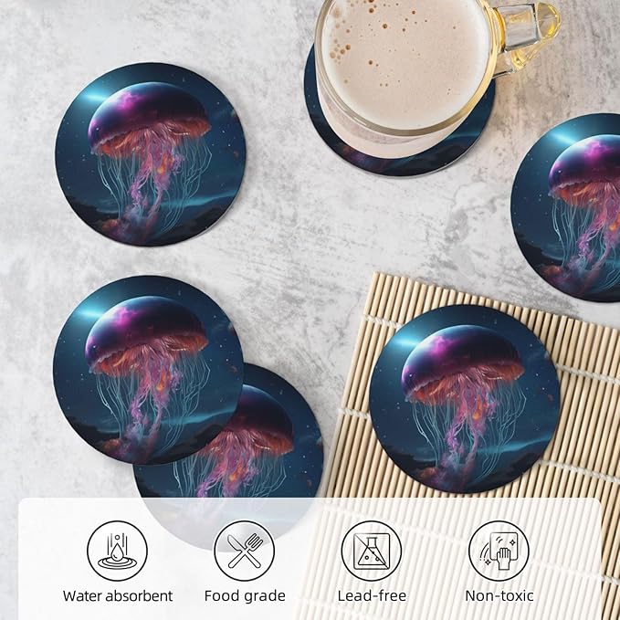 6 Pcs Ceramic Coasters with Holder Absorbent Drink Round Fantasy Mountains Galaxy Gellyfish Design for Home Table Coffee Cup Wine Beer Bar,Size 4.4 inches