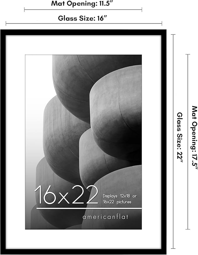 Americanflat 16x22 Picture Frame with Polished Plexiglass - Use as 12x18 Frame with Mat or Display 16x22 Photo Without Mat - Streamline Collection - Thin Border Picture Frames for Wall - Black