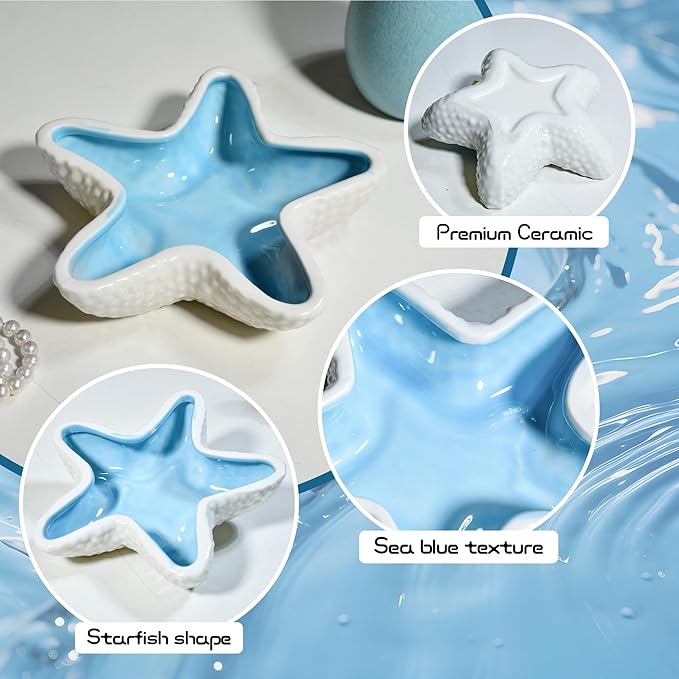 Starfish Ceramic Jewelry Trinket Tray, Blue White Decorative Ring Holder Dish for Rings, Earrings, Necklaces, Bracelets, Watches, Keys