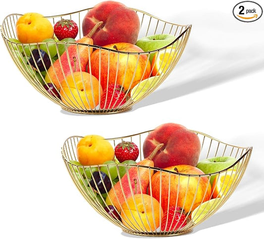 2-Pack Kitchen Countertop Fruit Baskets – Sturdy Metal Wire Rack, Multi-Purpose Tabletop Storage Tray for Fruits, Vegetables, Bread, and Household Items (Gold)