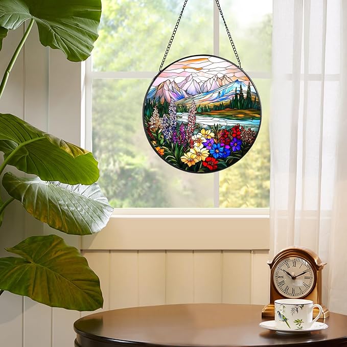 Valley Stained Glass Window Hanging, 7.8" Round Sun Catcher Hand Painted Wall Art Decor with Chain, Unique Housewarming Gifts for Couples, Home