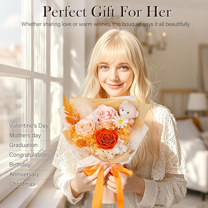 Preserved Flowers Bouquet with Bear, 3 Real Forever Flowers for Delivery, Long-Lasting Orange Eteranl Roses Bouquet, Anniversary Birthday Valentine Gifts for Women Mom Grandma Her Wife Girlfriend
