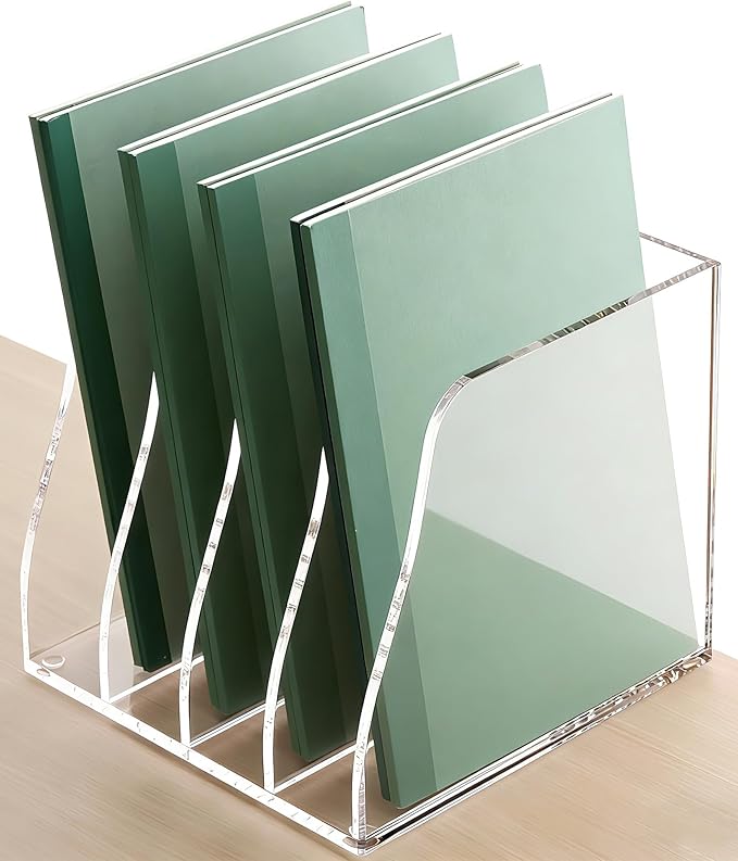 YUXUN Clear Acrylic File Folder Holder - 4 Vertical Compartments Desk Document Sorter, Upright Magazine Rack for Office/Home/Classroom, Stores Documents, Tablets, Magazines, Books & Accessories