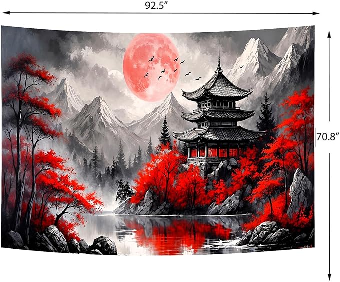Delur Japanese Forest Tapestry Anime Red and Black Mountain Vintage Moon Nature Tapestry Wall Hanging Tree Sunset Landscape Cherry Blossom Headboard for Bedroom Living Room Home Decor (70.8" x 92.5")