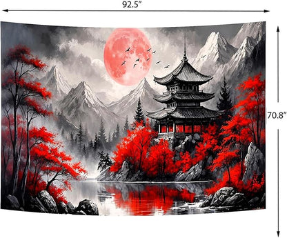 Delur Japanese Forest Tapestry Anime Red and Black Mountain Vintage Moon Nature Tapestry Wall Hanging Tree Sunset Landscape Cherry Blossom Headboard for Bedroom Living Room Home Decor (70.8" x 92.5")