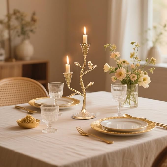 Gold Candelabra with Flowers and Bird for Farmhouse Decor, Vintage Metal Candlestick Holders for Dinner Room Table Centerpiece Decorative, Iron Candle Holder for Mantel Wedding Party Decor