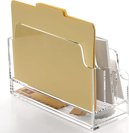 SANRUI Clear Desk Organizer Holder with Drawers, Acrylic Desktop Manila folders File Mail Sorter Box, Office Desk Accessories & Workspace Envelope Bill Letter Organization Racks, 3 Compartments