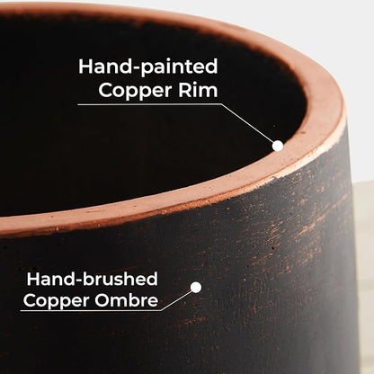 Wallowa 17.7"+13.3"+9.5" Dia Round Concrete Planter Set of 3, Large Outdoor Planter, Black with Gold Rim, Flower Pots with Drainage Holes for Garden, Patio, Home, Office