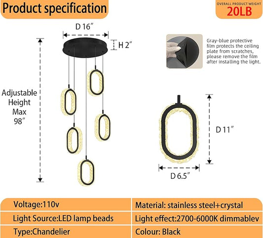 Dimmable Rings Chandelier for Staircase, Black Crystal Ring Chandelier High Ceiling 5-Light Oval Ring Pendant Light for Living Room,Hallway, Entryway, Bedroom