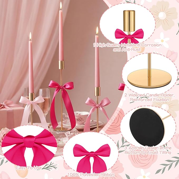 6 Set Pink Party Decorations, 6 Candle Holders and 6 Ribbon Bow, Metal Brass Gold Candlestick Holders for Table Wedding Bachelorette Birthday Party Supplies
