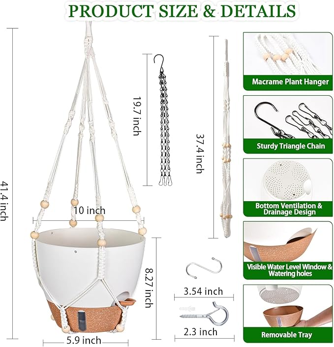 10 Inch Tall Hanging Planters & Baskets for Indoor Plants (2 Pack) – Self Watering Flower Pots with Deep Design & Visual Water Window, Perfect for Large Plants Like Pothos, Monstera,Spider plant