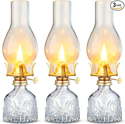 3 Pcs Clear Chamber Oil Lamps for Indoor Use 10.6'' Vintage Kerosene Lamp Hurricane Oil Lantern Adjustable Fire Wick Decorative Lantern for Valentines Wedding Table Decor Emergency Lighting