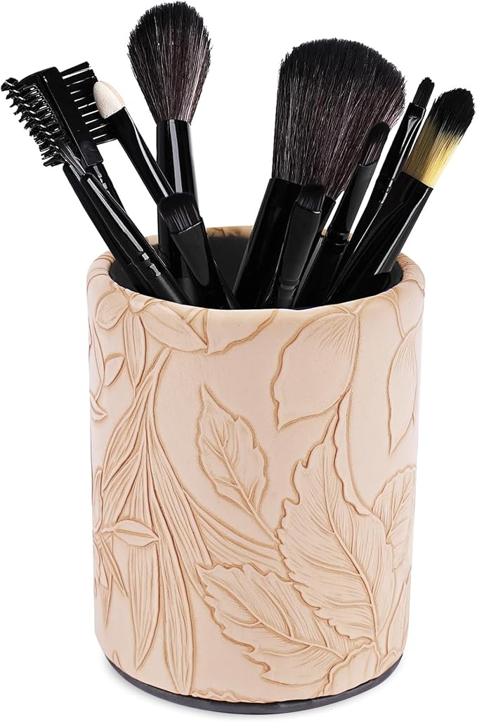 PU Leather Pen Holder Round Flash Makeup Brush Holder Desktop Pencil Storage Holder Gift for Desk Office Classroom Home(1-Carved Light Brown)