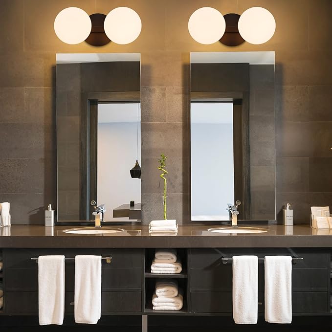 Black Bathroom Vanity Light Fixtures, Modern 2 Lights Globe Wall Sconce Lighting, Porch Wall Mount Light Fixture for Bathroom, Mirror Cabinets Hallway Stairs (Matte Black, 2-Light)