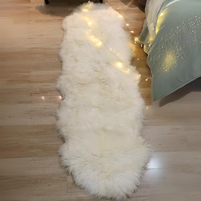 Woolous Genuine New Zealand Sheepskin Double Pelt Rug - Handmade Sheep Skin Runner Rug, Soft Thick Natural Bedside Area Rug for Bedroom and Living Room Decor, 2x6 ft