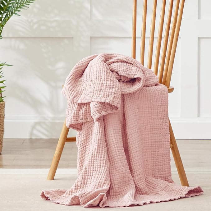 100% Cotton Muslin Blanket Large 50"x 70", 6 Layers Breathable and Lightweight Cotton Throw Blankets for Couch, Soft Cooling Summer Gauze Blanket for Adults All Season, Dusty Rose‌