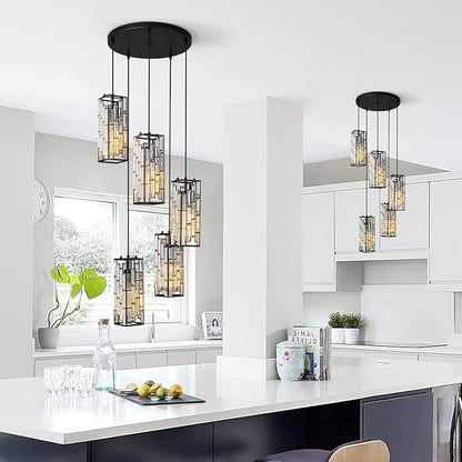 Black Pendant Lighting Modern Pendant Light, Mini Crystal Chandeliers,Adjustable Pendant Light Fixture for Kitchen Island Dinning Room Bedroom (5 Light)