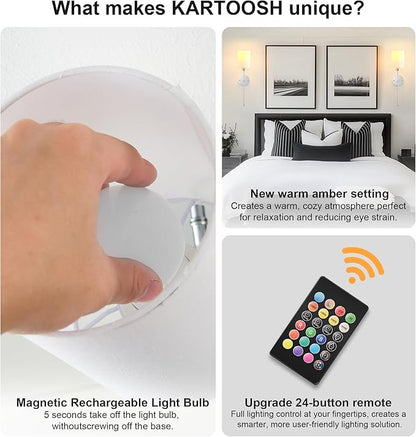 Battery Operated Wall Sconces Set of Two,Wireless Rechargeable Wall Light With Remote Control, Dimmable, Amber Light/Warm White/Natural White/Daylight/RGB,Timer,for Living Room,Bedroom,Entryway,Chrome