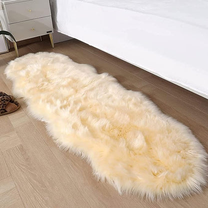 Faux Fur Rug Runner 2x6 ft Beige - Machine Washable Super Soft Plush Shaggy Fluffy Area Carpet,Sheepskin Rug Fuzzy Floor Mat for Bedroom, Sofa,Living Room, Bedside, Nursery & Kids Room