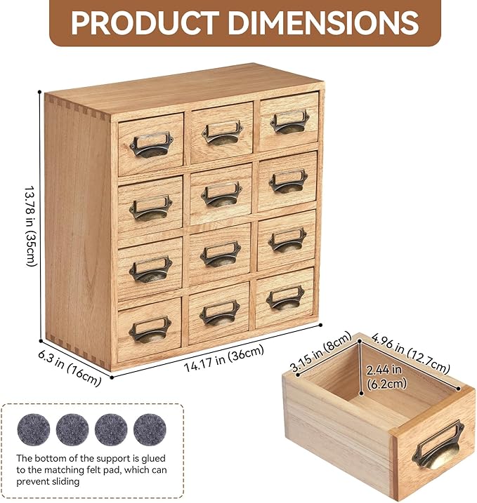 KIRIGEN Wood Drawer Organizer Desktop Storage Cabinet Box Drawers for Home Office Desk Organization and Storage 12 Drawer Mini Chest with Metal Handles Natural(12CG-NA)