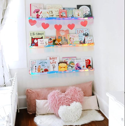 YMVV 35.4 Inches Iridescent Clear Acrylic Books Shelves for Kids Rooms, Floating Shelf Wall Display Bookshelf, Modern Thickened Storage Ledge Shelves Toy Display Organizer Decor 2 Pack
