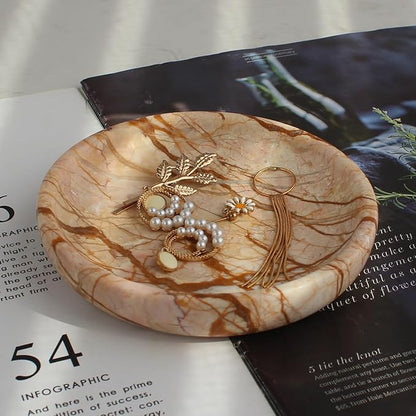 Natural Marble Travertine Ring Dish Jewelry Tray 5.5" for Women, Marble Trinket Dish for Key Earring Nightstand, Mother's Day Engagement Birthday Gift - Pink Marble