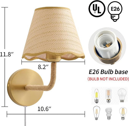 Set of Two Plug in Wall Sconce with 70.8inch Cord and Switch, Hand Woven Ratten Wall Sconces with Grass-Woven Lampshade for Bedroom Living Room Hallway Porch, E26 Base