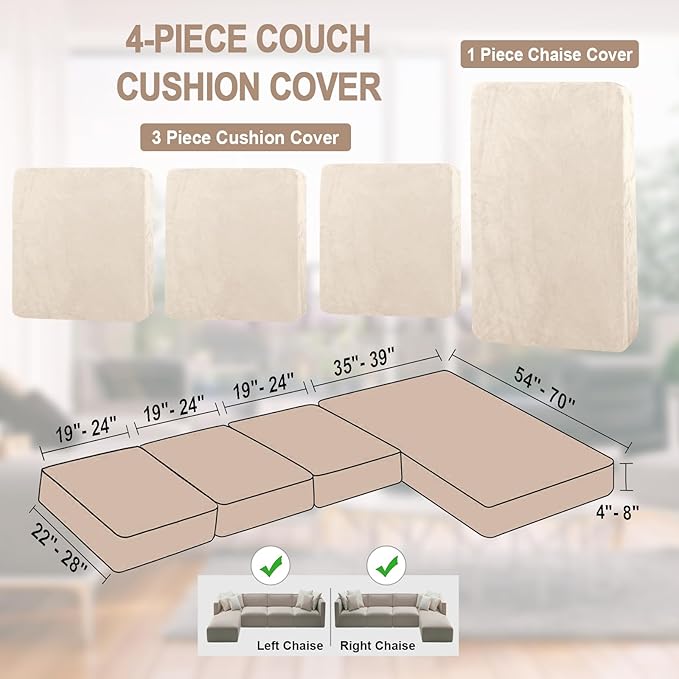 NAISI Sectional Couch Cover 4 Pieces Velvet Separate Couch Cushion Covers L Shape Soft Stretch Sofa Slipcovers with 2pcs Pillowcases for Left/Right Chaise Sectional Couch(3 Seater+1 Chaise,Beige)