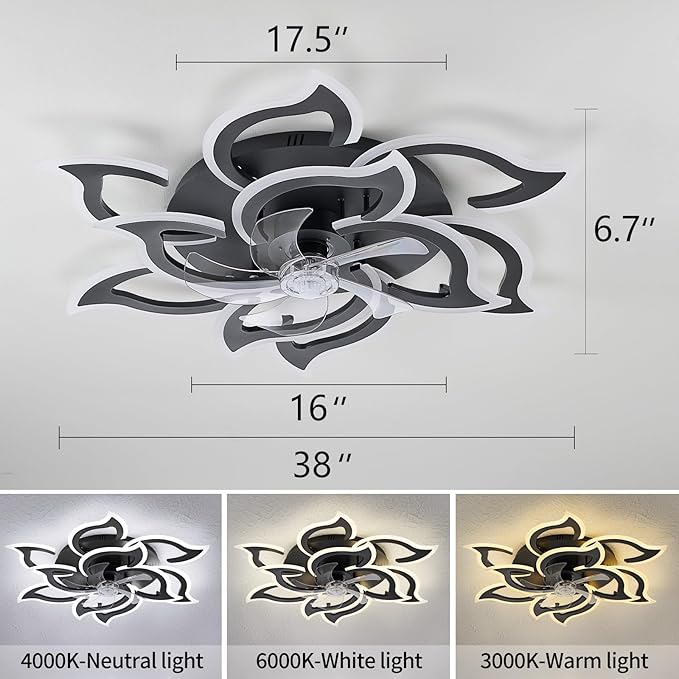 38" Black Geometric Ceiling Fan with Lights, 6 Speeds Flower Low Profile Flush Mount Ceiling Fan for Living Room