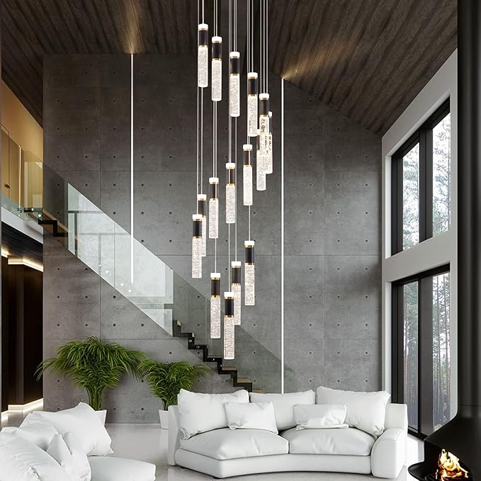 High Ceiling Long Chandelier for Staircase Crystal Drop Light for Living Room Foyer Hallway 3000K-6500K
