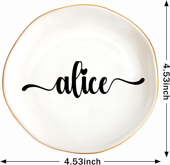 JoycuFF Alice Personalized Name Ceramic Jewelry Tray, Mothers Day Christmas Anniversary Engagement Birthday Gifts for Women Couples, Trinket Dish for Rings Earrings Necklaces Bracelets Keys