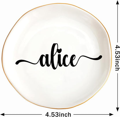 JoycuFF Alice Personalized Name Ceramic Jewelry Tray, Mothers Day Christmas Anniversary Engagement Birthday Gifts for Women Couples, Trinket Dish for Rings Earrings Necklaces Bracelets Keys