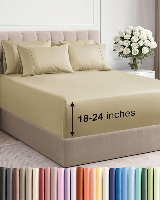 Extra Deep Cal King Sheet Set - 6 Piece Breathable & Cooling Sheets - Hotel Luxury Bed Sheets Set - Easy & Secure Fit - Soft, Wrinkle Free & Comfy Sheets Set - Beige Sheet Set with Extra Deep Pockets